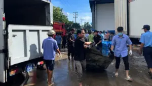 Cháy lớn tại công ty thủy sản ở Vĩnh Long gây thiệt hại nhiều tài sản, lực lượng chức năng khẩn trương xử lý hiện trường.