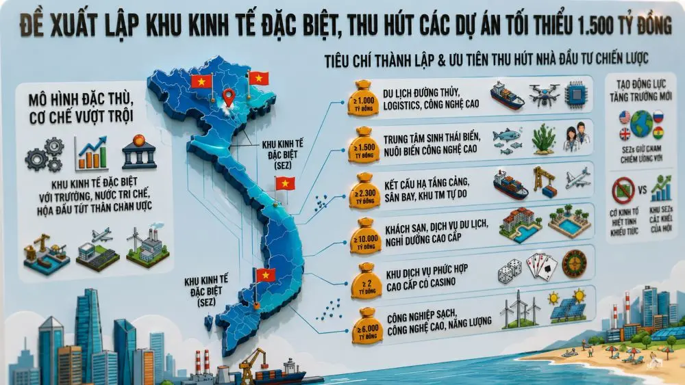 Đề xuất lập khu kinh tế đặc biệt với ngưỡng dự án từ 1.500 tỷ đồng nhằm thu hút nhà đầu tư chiến lược và tạo động lực tăng trưởng mới.
