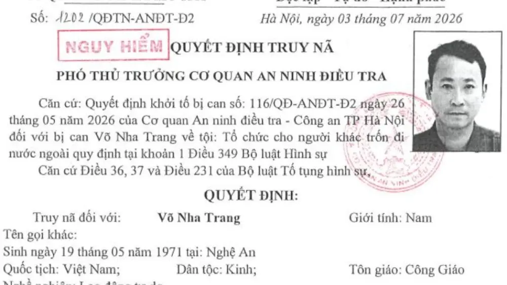 Truy nã đối tượng Võ Nhã Trang về tội tổ chức cho người khác trốn đi nước ngoài. Xem thông tin vụ việc và đặc điểm nhận dạng.