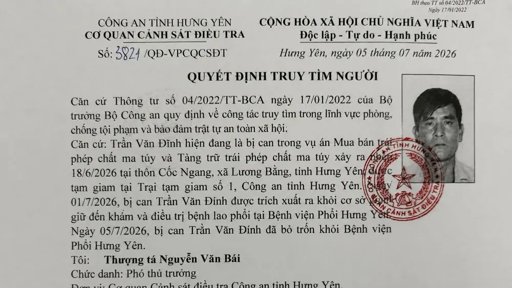 Công an Hưng Yên truy tìm bị can vụ án ma túy bỏ trốn khỏi bệnh viện khi đang điều trị, kêu gọi người dân cung cấp thông tin.