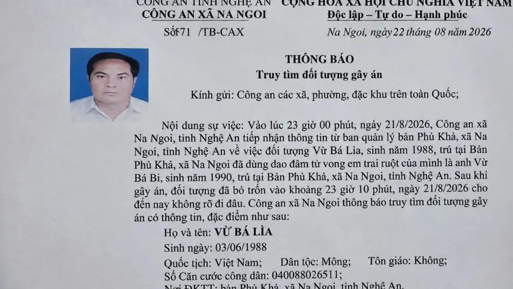 Nghệ An truy tìm Vừ Bá Lỉa, người liên quan vụ án mạng khiến em trai tử vong rồi rời khỏi hiện trường.