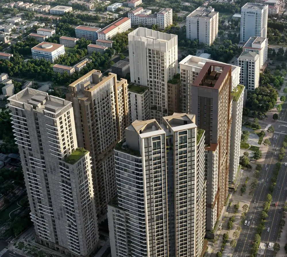 Phối cảnh tổ hợp nhà ở, thương mại dịch vụ Trường Vinh với 5 tòa tháp cao tối đa 39 tầng, tổng vốn đầu tư hơn 8.700 tỷ đồng.