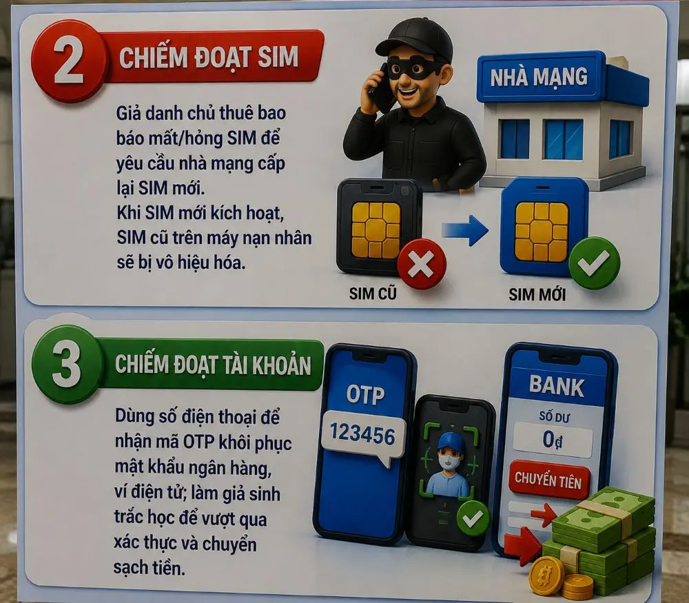 Công an cảnh báo thủ đoạn chiếm quyền SIM điện thoại, từ đó tiếp cận tài khoản ngân hàng và nguy cơ mất tiền. Người dân cần cảnh giác.