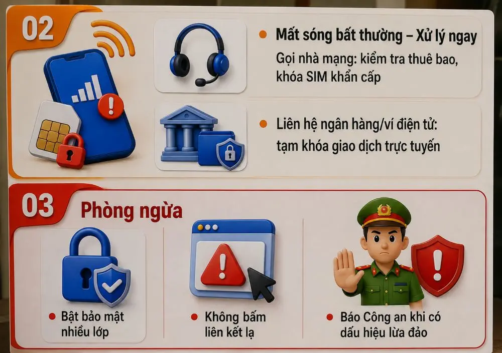 Công an khuyến cáo người dân bảo vệ SIM điện thoại, cảnh giác khi mất sóng bất thường để tránh bị chiếm quyền số và tài khoản ngân hàng.