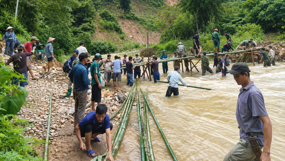 172 học sinh ở hai bản Huồi Pai và Cha Lúm, Nghệ An, trở lại trường bán trú sau khi địa phương hoàn thành đường và cầu tạm.