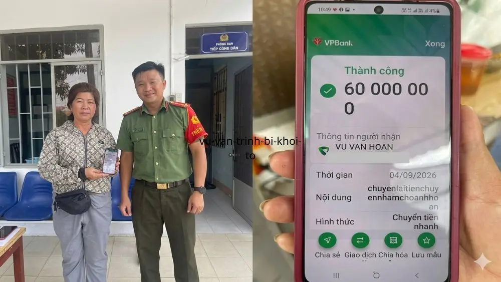 Công an phường hỗ trợ chị Huỳnh Thị Thái Tâm xác minh, chuyển trả 60 triệu đồng được chuyển nhầm vào tài khoản VPBank.