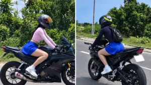 Hình ảnh minh họa nữ du khách điều khiển mô tô trên đường công cộng với tư thế phản cảm, liên quan vụ việc tại Khánh Hòa.