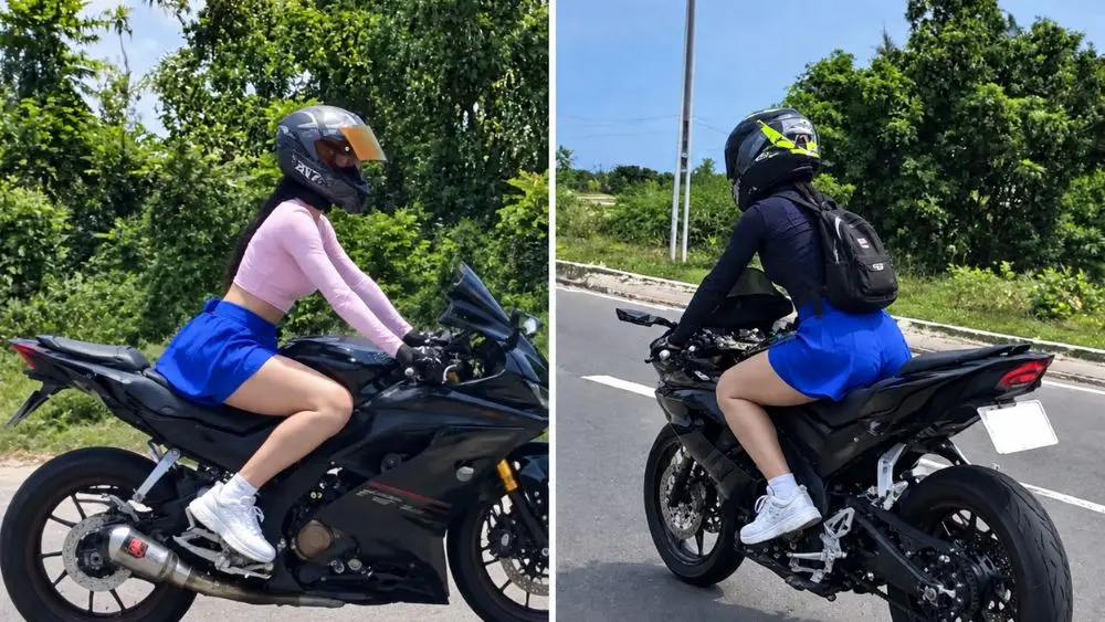 Hình ảnh minh họa nữ du khách điều khiển mô tô trên đường công cộng với tư thế phản cảm, liên quan vụ việc tại Khánh Hòa.