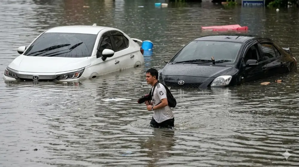 Lũ lụt nghiêm trọng ở Bangkok sau mưa lớn kéo dài khiến nhiều ô tô ngập sâu, có xe nổi trên mặt nước, giao thông tê liệt.