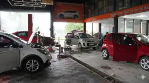 Ô tô ngập nước tại Vinh sau trận mưa lịch sử được đưa đến các xưởng sửa chữa, chờ kiểm tra và khắc phục hư hỏng.