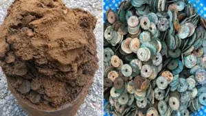 Phát hiện chum sành chứa nhiều tiền xu nghi là tiền cổ, tổng trọng lượng gần 10kg khi đào móng xây nhà ở phường Cửa Lò, Nghệ An.
