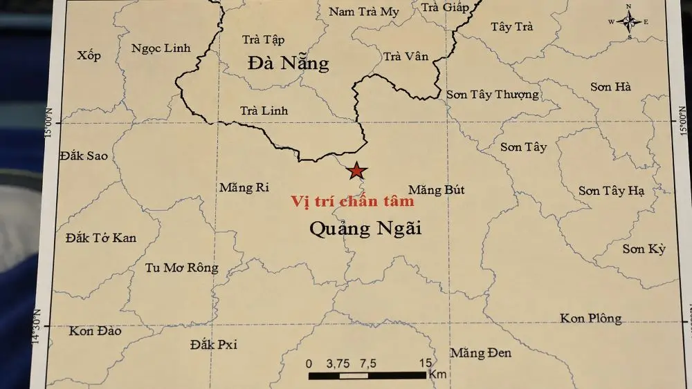Quảng Ngãi ghi nhận 4 trận động đất trong chưa đầy 8 giờ tại xã Măng Bút, trong đó trận mạnh nhất đạt độ lớn 3,5.