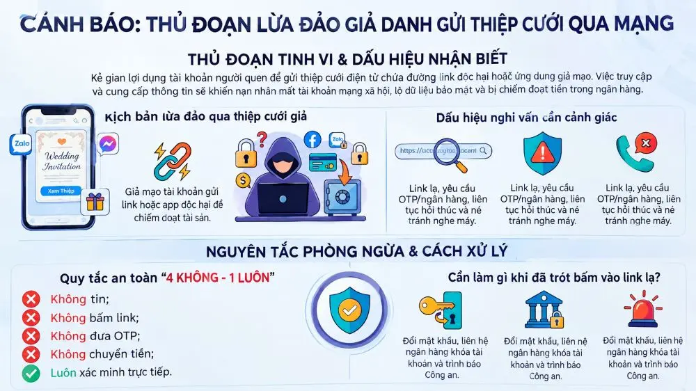 Cảnh giác chiêu lừa gửi thiệp cưới giả qua mạng xã hội chứa đường link độc hại, có thể khiến người dùng mất tài khoản và bị chiếm đoạt tiền.